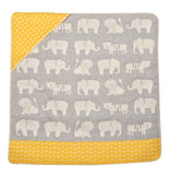 Baby- Flanelldecke in Grautönen mit verspielten Elefanten desiged und farblich mit einer gelben Kapuze aufgewertet- von David Fussenegger
