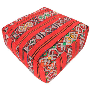 Berbersitzkissen, traditionelles rot, Schwarz orange Streifen, breite Streifen mit besticktem alen Berbermuster, Vitage, Wolle, Fairtrade