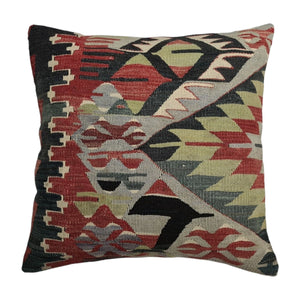 Vintage-Kilim mit ausgefallenem Muster in rot-gruen-schwarz-Tönen